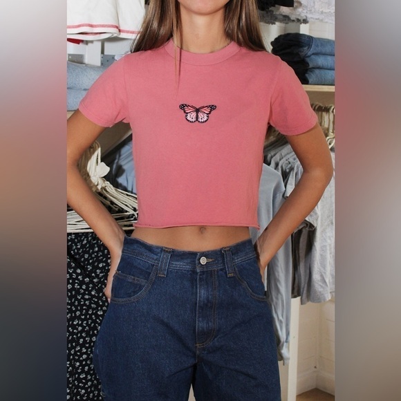 Brandy Melville Helen Embroidered Butterfly Baby Tee, One Size - Picture 1 of 6